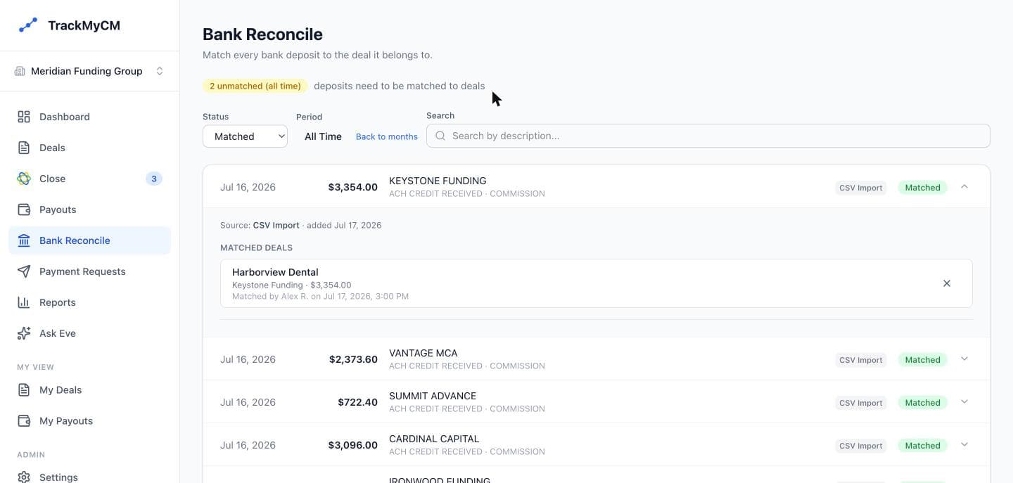 TrackMyCM bank reconcile showing a deposit matched to the deal it paid